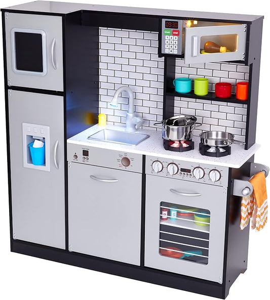 Lil' Jumbl Kids Kitchen Set, Pretend Wooden Play Kitchen, Battery Operated Icemaker, Burners, Faucet & Microwave Makes Realistic Sound & Light, Pots & Pan Included - Charcoal