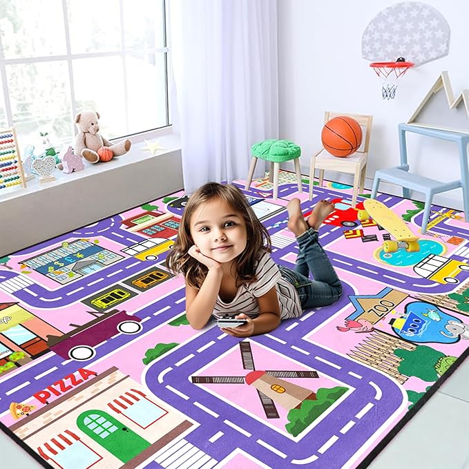 Car Rugs for Kids Toy Cars - Car Track Carpet for Boys Road Rug for Kids Bedroom Road Map Carpet for Girls Toy Play Mat Farm, 4. 5x6 Feet