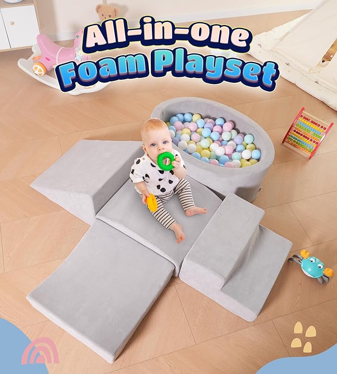 Foam Climbing Blocks with Ball Pit Designed for Toddlers Aged 1-3 -Great for Indoor Crawling, Inside Foam Playground Set for Little Ones to Active Playing -(Balls NOT Included) Grey