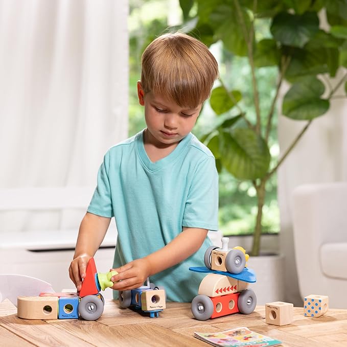 Melissa & Doug Blockables™ Vehicles Snap and Play, Mix and Match Connectable Wooden Building Blocks Play Set Toy for Preschool Boys and Girls (54 Pcs)