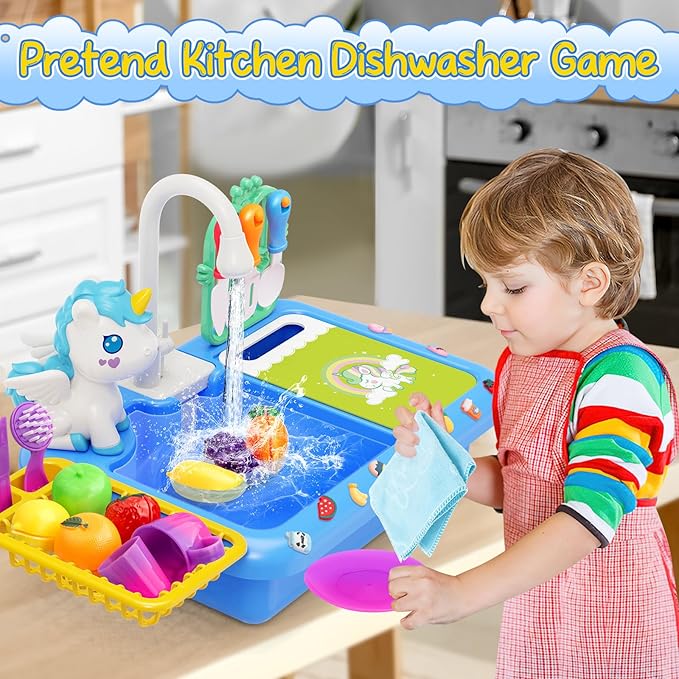 deAO Play Sink with Running Water,Color Changing Children Electric Dishwasher Upgraded Real Faucet and Play Dishes,Pretend Role Play Toys for Kids
