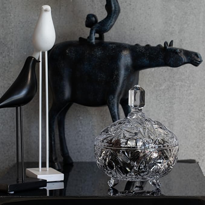 27oz Large Glass Candy Dish with Lid, Crystal Candy Bowl, Embossed Decorative Storage Jar for Office Desk, Jewelry Box, Biscuit, Christmas, Wedding, Birthday Gift