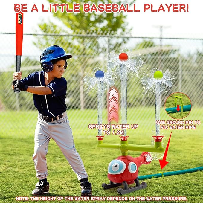 4 in 1 Water Sprinklers T Ball Set for Kids and Toddlers, Baseball Sprinkler for Backyard Helicopter Toy Outdoor Game, Attaches to Garden Hose Summer Yard Pool Water Toy