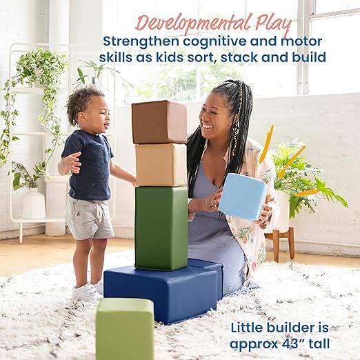 ECR4Kids SoftZone Big Foam Building Blocks, Soft Playset, Earthtone, 7-Piece