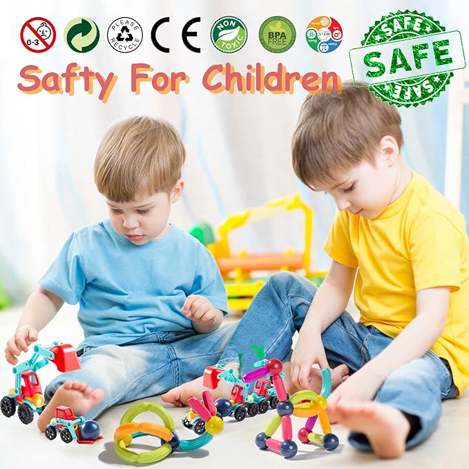 128Pcs Magnetic Blocks Kids Toys, Large Magnetic Building Sticks STEM Educational Sensory Toy Preschool Learning Montessori Toys for Toddlers Boys Girls Ages 3-8 with 2 Cars