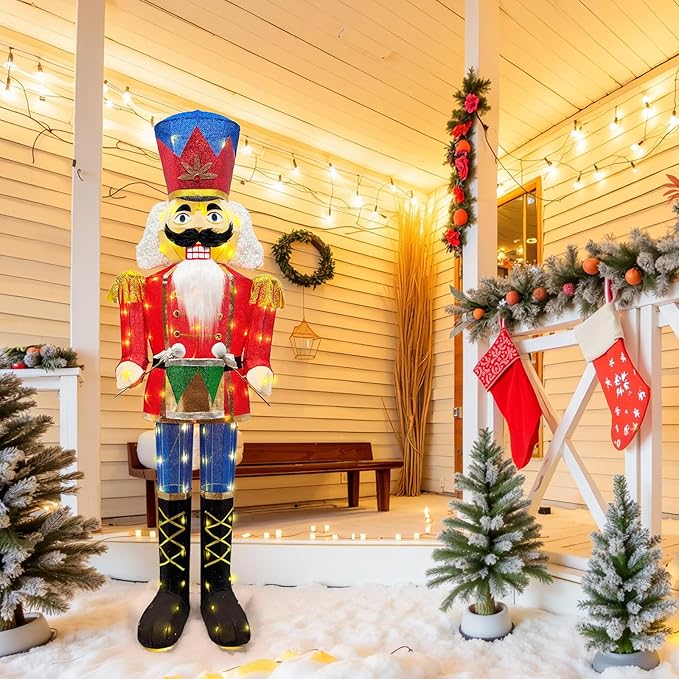 5FT Outdoor Christmas Lighted 3D Nutcracker with Drum,100 LEDs Lighted-up,Outdoor Lighted Holiday Displays with Stakes & Zip Ties for All-Weather Christmas Yard Decoration, Porch, Lawn