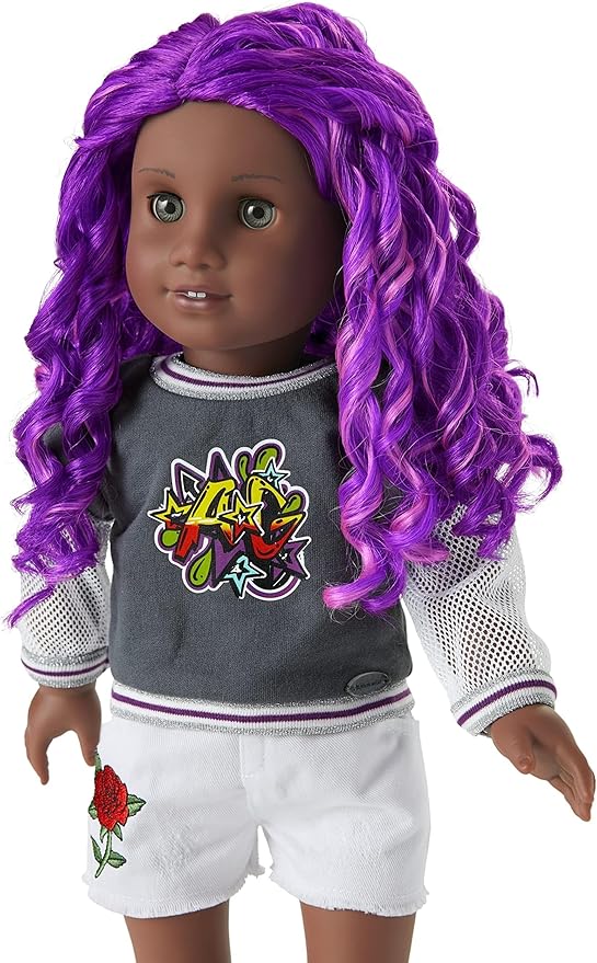 American Girl Truly Me 18-inch Doll #91 with Gray Eyes, Purple Hair, and Very Deep Skin in Graffiti Outfit, For Ages 6+