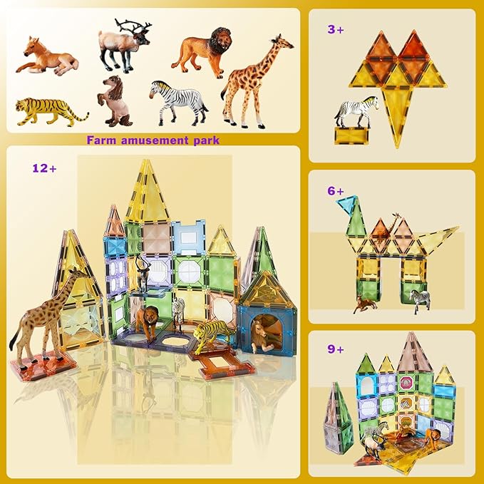 Magnetic Tiles Toys with Farm Animals Magnet Tile Building Blocks with 7 Farmyard Animals Character with Lighting Effect Construction Sensory Toys Preschool Gift for Kids Boys Girls 3 4 5 6 7 8 Years+