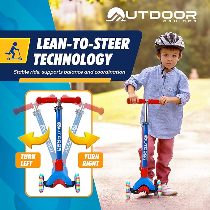 Outdoor Cruiser 3-Wheel Kids Scooter – with Lean-to-Steer Technology, Led Lighted Wheel, 4-Level Adjustable Height T-bar Handle, Support Kids Up to 150 Lbs, for Boys & Girls Ages 3-8, Blue and Red