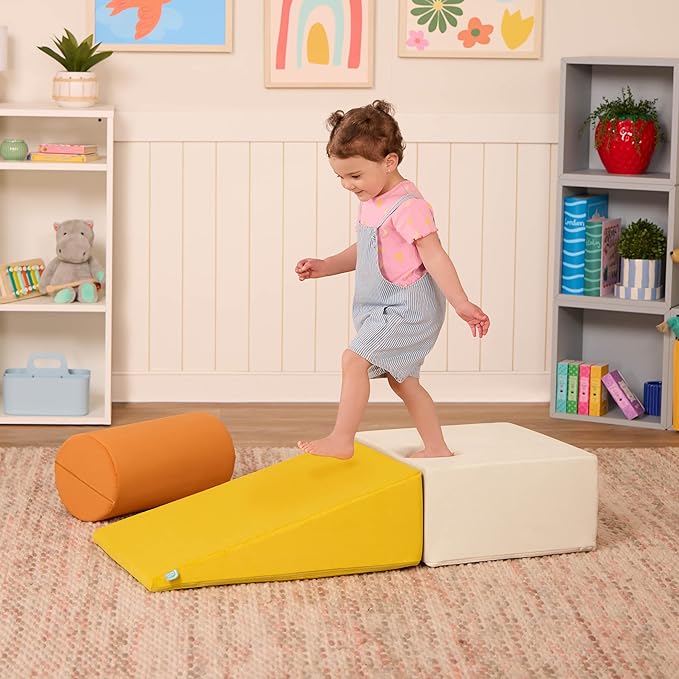 B. toys - Sensory Foam Building Blocks for Toddlers & Babies - 3-Piece Climbing Set with Cylinder, Ramp & Block - Machine Washable Covers with Easy-Grip Handles - Indoor Play Shapes for 12+ Months