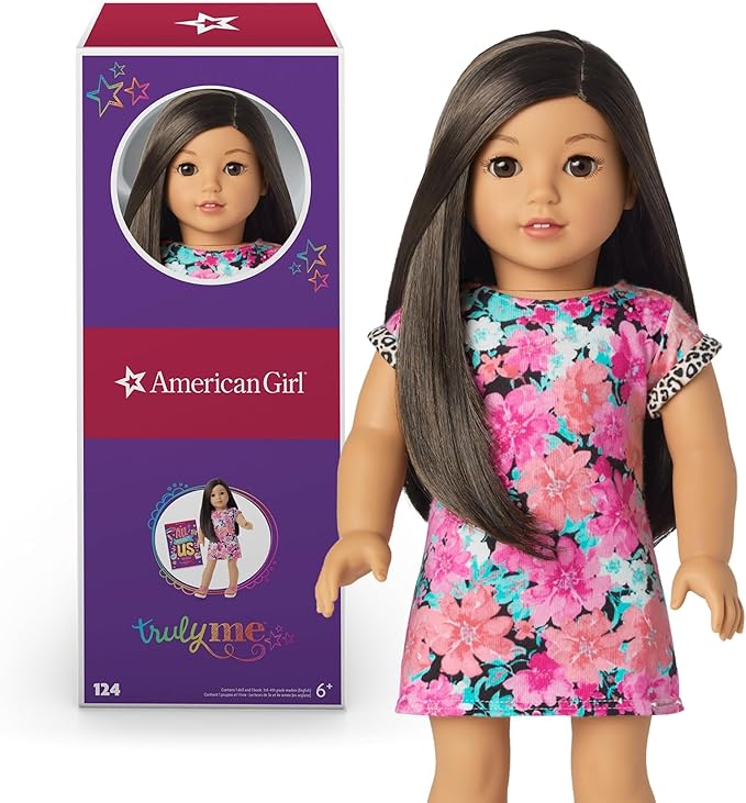 American Girl Truly Me 18-inch Doll #124 with Brown Eyes, Black-Brown Hair, Lt-to-Med Skin, T-shirt Dress, For Ages 6+, Floral