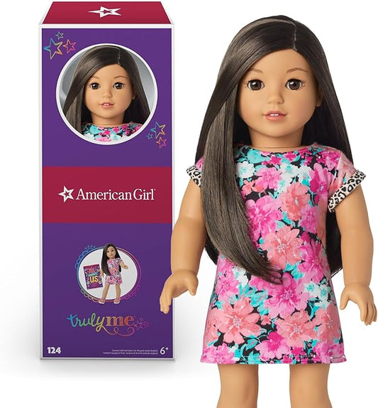 American Girl Truly Me 18-inch Doll #124 with Brown Eyes, Black-Brown Hair, Lt-to-Med Skin, T-shirt Dress, For Ages 6+, Floral