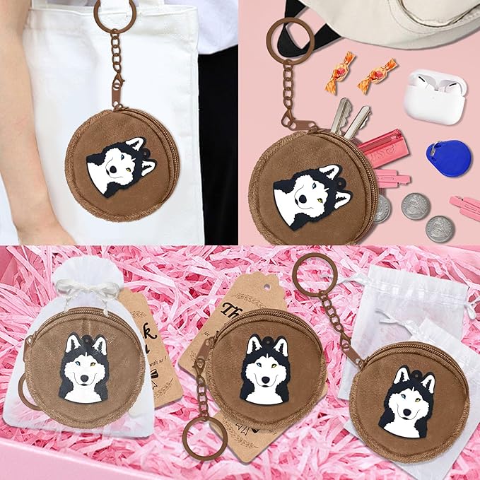 15 Pack Husky Mini Coin Purse with Keyrings for Husky Themed Dog Party Lets Pawty Pet Party Birthday Party Supplies,Brown
