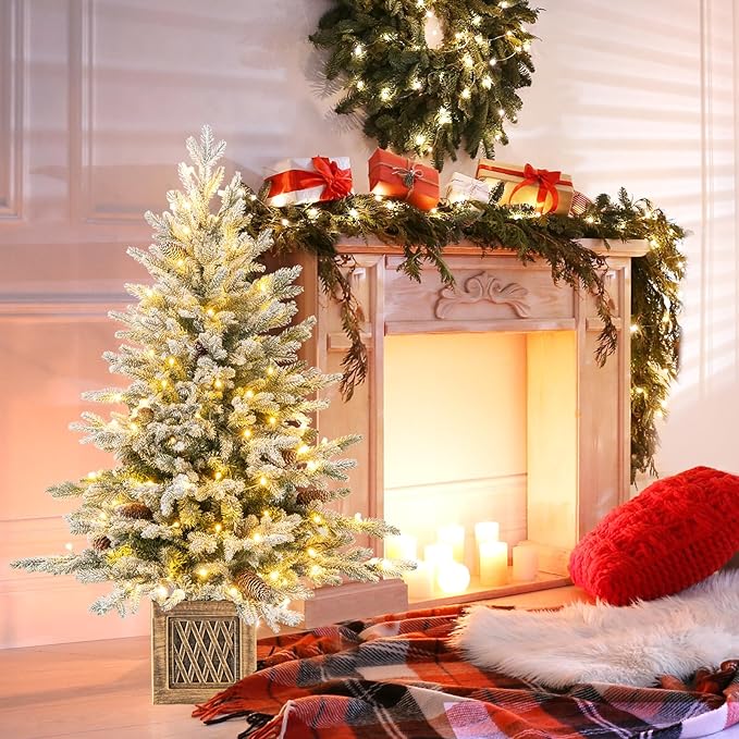 Goplus 4 FT Pre-lit Entrance Christmas Tree, Artificial Snow Flocked Xmas Tree with 231 Branch Tips, 100 LED Lights, 15 Pine Cones & Vintage Base, for Home Office Decor