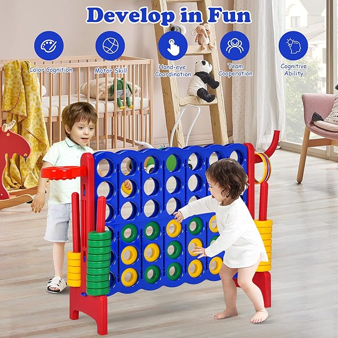 Costzon Giant 4-in-A-Row, Jumbo 4-to-Score Giant Game w/Basketball Hoop, Ring Toss, Quick-Release Slider, 42 Jumbo Rings, Indoor Outdoor Family Connect Game for Kids & Adults, Backyard Games, Red