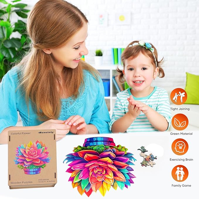 Wooden Puzzle Colorful Flower 500pcs King Size 16.9'' x 16.2'', Luxurious Shaped Wood Puzzle, Beautiful Package, Best Gift for Adults and Kids, Family Game