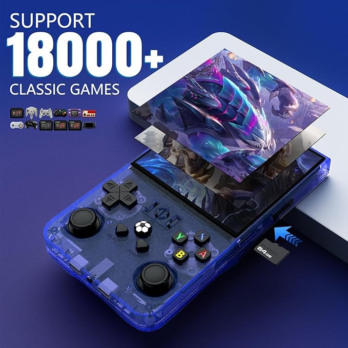 R36MAX Retro Handheld Game Console, 18000+ HD Games Mini Retro Video Console, 4.0 Inch IPS Screen, 64GB Memory, Portable Arcade Video Gaming Console Gift for Adults, Blue