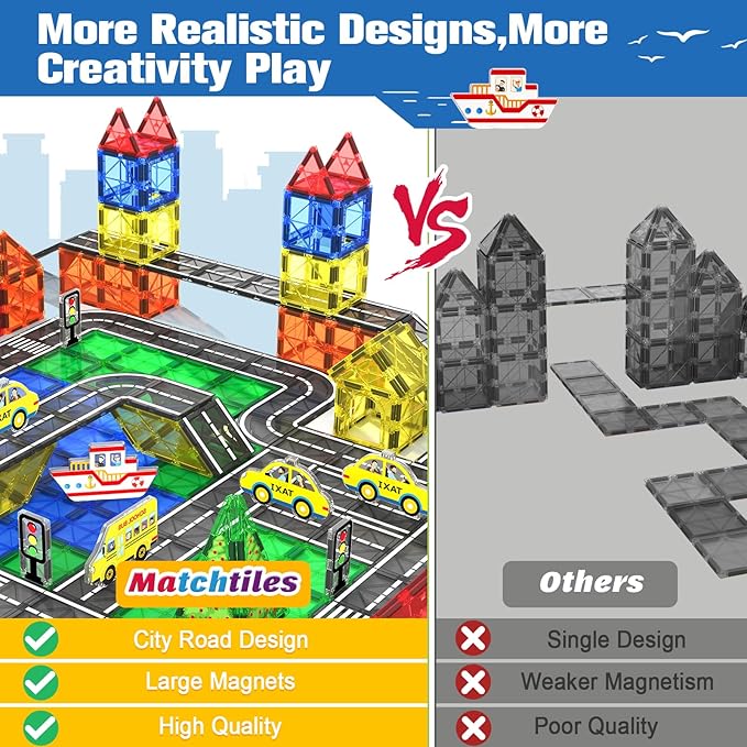 Magnetic Tiles Road Toys for 3+ Year Old Toddler, Magnetic Blocks Building for Kids Ages 3-5 5-7 Girls Boys, STEM Montessori Sensory Toys, Classroom Must Haves