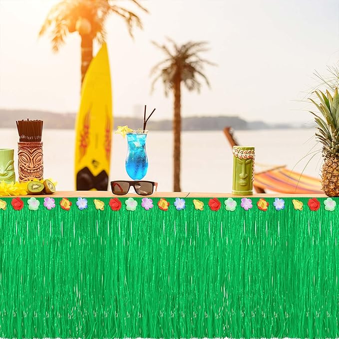 Fovths 2 Pack Luau Grass Table Skirt Natural 9 Feet x 29.5 Inch Hawaiian Table Skirt for Tropical Hawaiian Party Decorations Luau Party Costume Party, Green
