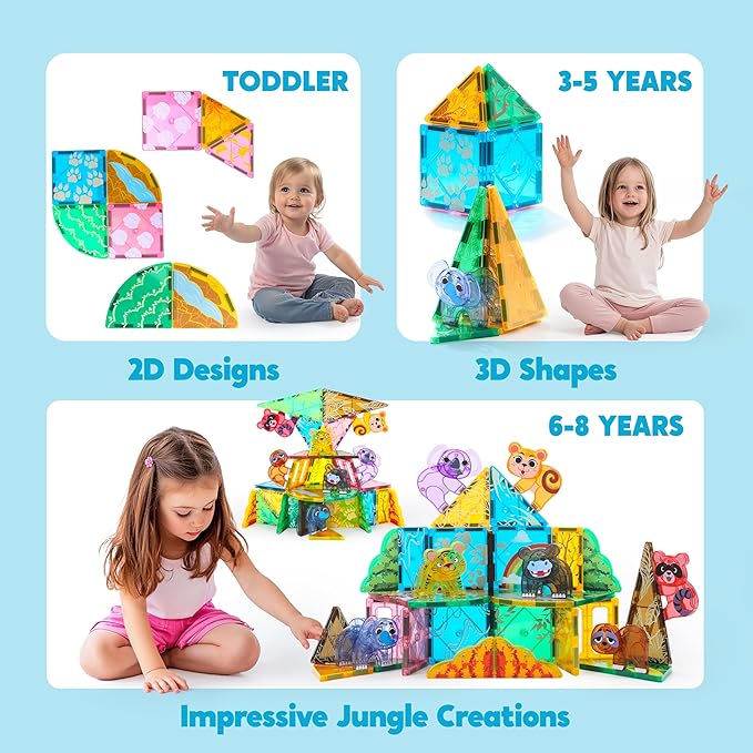 SYNCFUN Magnetic Building Tiles Jungle Animal Set for Kids, 50PCS Including 7 Cute Animals, Educational STEM Toy for Boys & Girls Ages 3-5 4-8, Christmas Birthday Party Gift for Toddlers