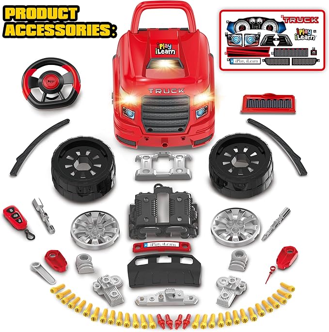iPlay, iLearn Large Truck Engine Toy, Kids Mechanic Repair Set for 3-5 Yr Toddlers, Big Builder Kit, Take Apart Motor Vehicle Pretent Play Car Service Station, Gifts 4 6 7 8 Year Old Boy Child