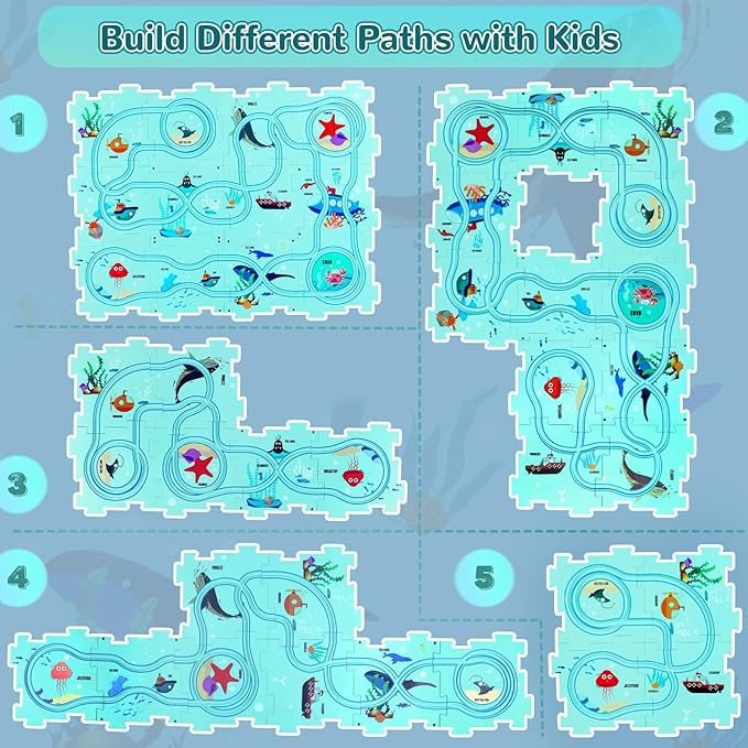 Puzzle Track Car Play Set, Plastic Puzzles for Kids Ages 3-5 with Vehicles, Electric Trolley Puzzle, Car Tracks for Toddlers, Toys Gifts for 2 3 4 5 6 Year Old Boys Girls