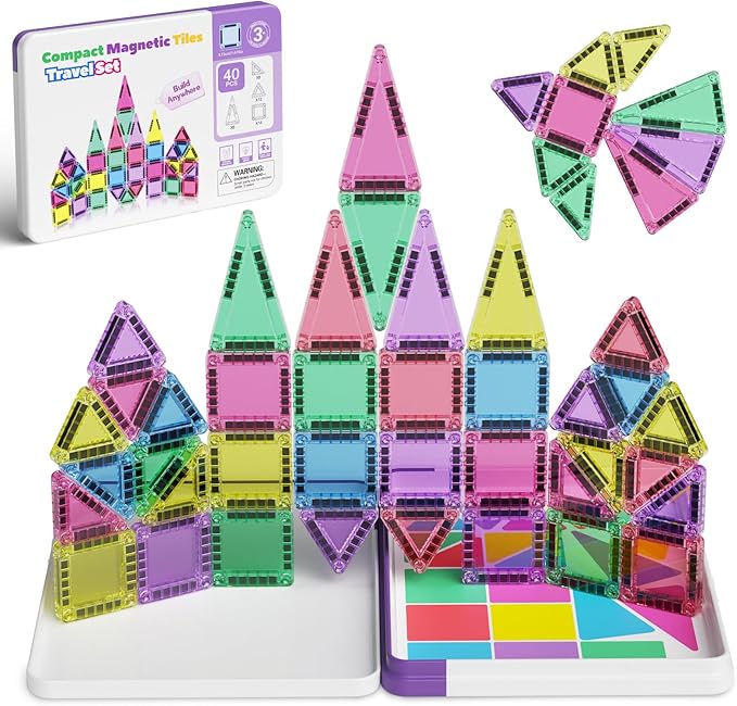 Magnetic Tiles for kids ages 4-8, 40 Pieces Mini Magnetic Building Blocks,Magnet Tiles Travel Construction Set with Storage Iron Box,Toddler Puzzle Birthday Gift Toys for Boys and Girls Ages 3
