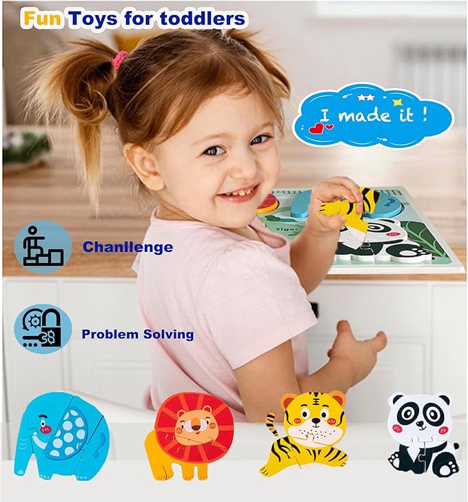 Safari Animal Toddler Puzzles Ages 1-3, Wooden Puzzles for Toddlers 2-4, Fun Educational Toys for 18-36 Months Baby,Crafted Wood Birthday Gifts for 24+ Month Little Girls Boys