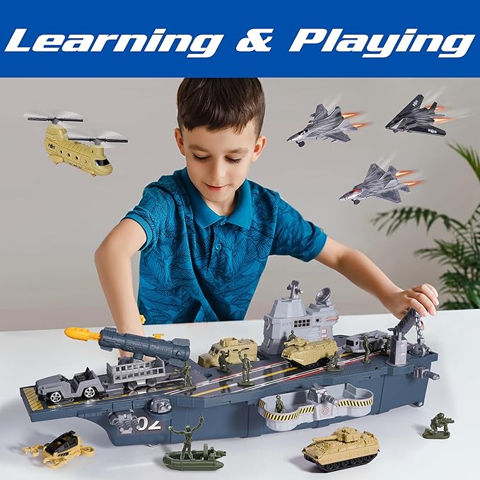Military Aircraft Carrier Toys, Army Toys with 10 Vehicles, Fighter Jet Helicopter Tanks and Army Men Action Figures Toy for Kids Boys Girls