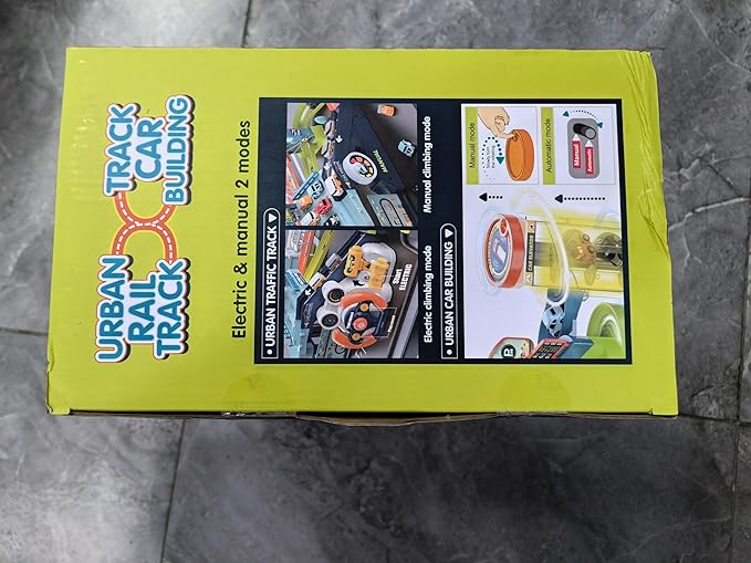 Fisca 2-in-1 Race Car Tracks PlaySet for Kids, Toy Car Ramp Track and Lifting Parking Lot, Dual Mode Toddler Car Track Toy Playset with 6 Cars, Automatic Rotary Elevator, Steering Wheel Music Driving