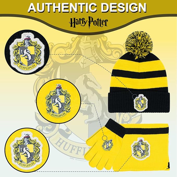 Harry Potter Winter Hat and Gloves with Set, Gryffindor, Slytherin, Hufflepuff, Ravenclaw, Winter Set 5-13 Year Olds