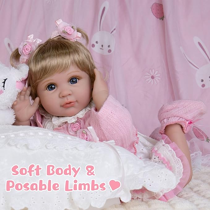 Realistic Baby Doll 22-Inch Newborn Baby Doll Soft Cloth Body Lifelike Reborn Baby Dolls Cute Girls with Clothes and Toy Accessories Set for Kids 3+