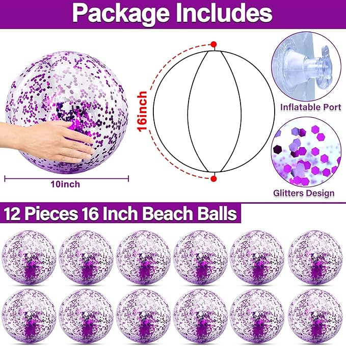 12 Pack Inflatable Beach Balls Bulk 16" Glitters Pool Toys Balls for Pool, Beach, Summer Pool Party - Swimming Pool Game Water Beach Toys Kid Party Favor Summer Decorations Blow Up Grape Beach Ball