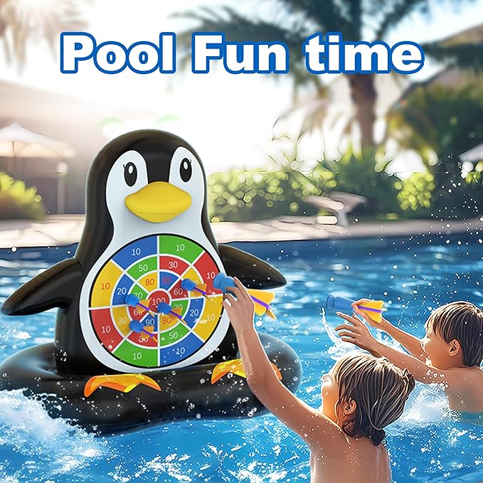 MOONTOY Pool Toys for Kids, Inflatable Penguin Dart Board Game, Pool Games for Beach & Backyard, Summer Water Toys for Boys Girls Ages 6-12, Teens & Adults (Pump Included)