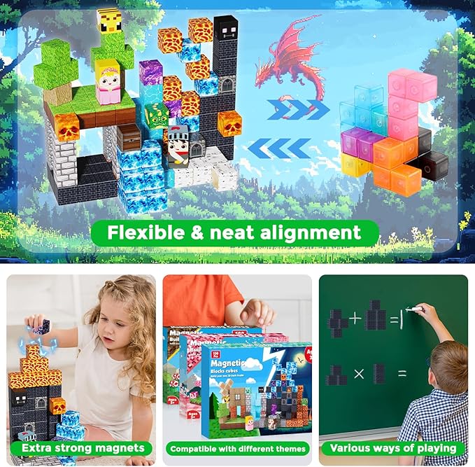 Magnetic Building Blocks - 150PCS Magnet Block Cubes Dark Hell Forest Castle, STEM Toy Building Sets for Kids Age 3+, Montessori Stacking Construction Toys Easter Gift for Boys Girls Age 4-8, 8-12