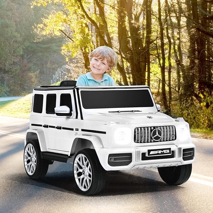 OLAKIDS 12V Kids Ride On Car, Licensed Mercedes Benz G63 Electric Vehicle with Remote Control, Double Open Doors, Music, Bluetooth, 2 Speeds, Wheels Suspension, Battery Powered Driving Toy (White)