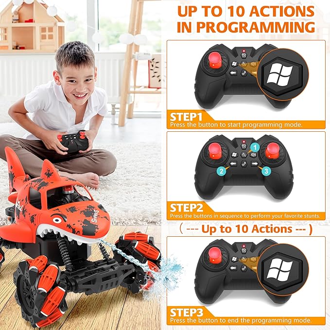 Eulogia Shark Remote Control Car, RC Stunt Car Toy with Water Shooting Spray, Music, 360-degree Rotations Drifting, One-Key Demo Programming Fun Truck Gift for Boys Grils (Red)