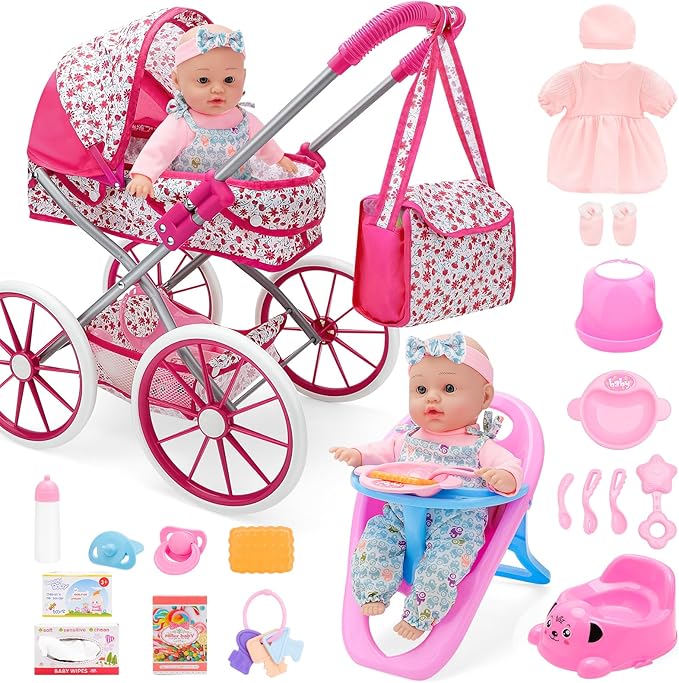 deAO Baby Doll Stroller Set High Chair Travel Diaper Bag with 12 inch Baby Doll Accessories Pretend Play Toys with Foldable Stroller 2 Sets Doll Clothes Birthday Gift for Girls Boys Toddler Kids