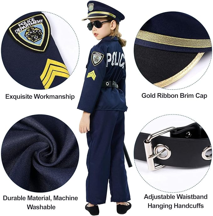 Golray Police Officer Costume for Kids Boys Girls - 12PCS Kids Police Costume Cop Uniform Outfit Role Play with Police Toys Accessories, 3 4 5 6 7 8 9 10 11 12 Year Old Kid Halloween Costume Dress up