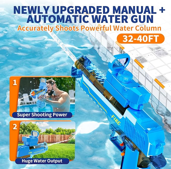 Manual Automatic Integrated Electric Water Guns with 520 Ammos - 36FT Transparent Automatic Squirt Guns Powerful Water Guns Strongest Water Blaster Summer Pool Toys for Kids & Adult