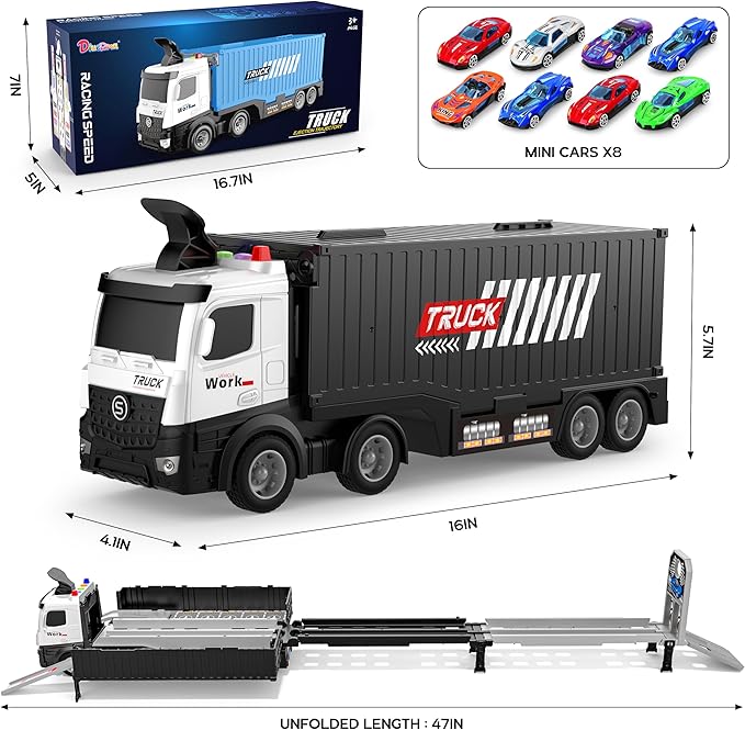 Carrier Truck Race Track Boys Toys, Foldable 3 Layer Toddler Track Playset,Toy Truck Transport Car Carrier & 8 Race Cars, Truck Toddlers Toys B-Day Gifts for Age 3 4 5 6+ Years Old Boys Toy