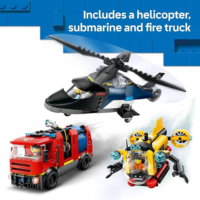 LEGO City Helicopter, Fire Truck & Submarine Remix Kids Toy - 3 Building Toys in 1 for Boys and Girls, Ages 7+ - Gift Idea for Birthdays and Holidays - with 3 Minifigures - 60462