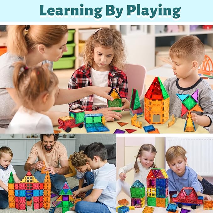 Magnetic Tiles, 102PCS Magnet Building Blocks with 2 Cars, 3D Diamond Magnetic Blocks, Construction Stem Toys for Kids, Educational Toys for Boys Girls Ages 3 4 5 6 7 8 (102 PCS)