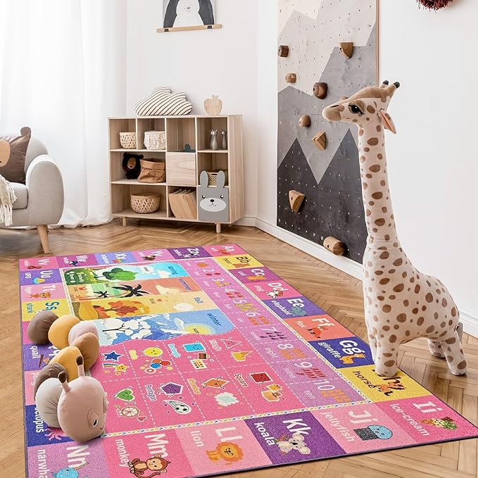 ABC Kids Rug for Playroom, 3x5 Pink Purple Washable Classroom Area Rugs, Toddler Educational Play Mat with Alphabet Numbers Seasons Shapes, Learning Fun for Preschool Children