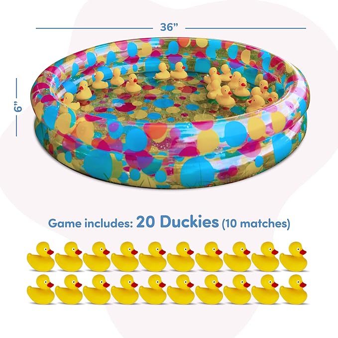 Gamie Duck Pond Matching Carnival Game for Kids, 36" x 6" Inflatable Pool & 20 Plastic Ducks with Numbers, Water Outdoor Game for Kids, Fun Memory Game for Backyard, Birthday Party Field Day Games