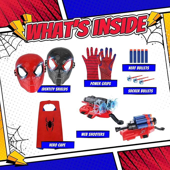 Superhero Web-Slinging Toy Set – 7-in-1 Superhero Set Includes 2 Web Shooters, 2 Hero Masks, 2 Gloves, and 1 Cape – Ideal for Indoor and Outdoor Costume Role-Playing, Imaginative Play for Kids Ages 3+