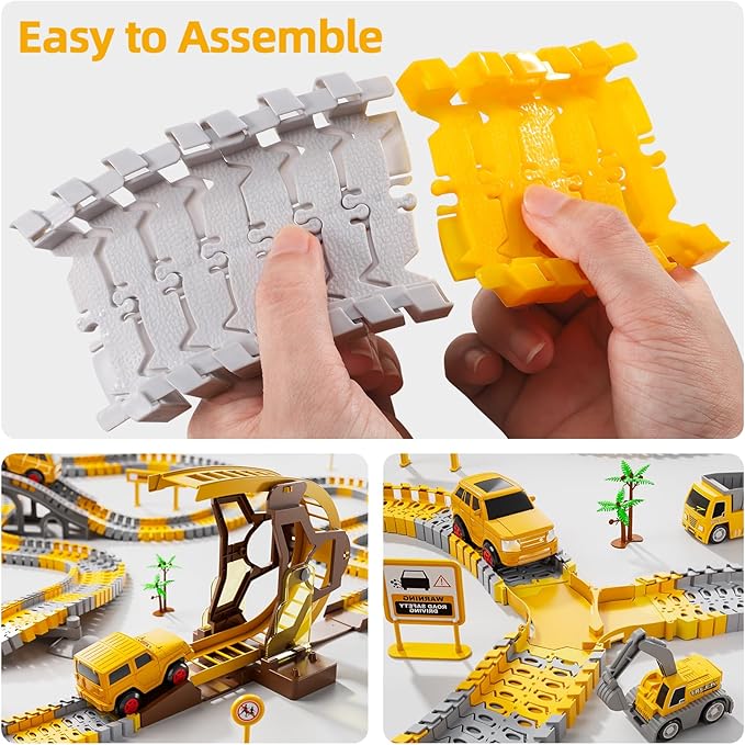 iHaHa 299 PCS Construction Race Tracks Boys Toys, 6 PCS Engineering Cars and Flexible Race Track Playset Create A Engineering Road Gifts Toys for 3 4 5 6 Year Old Boys Kids