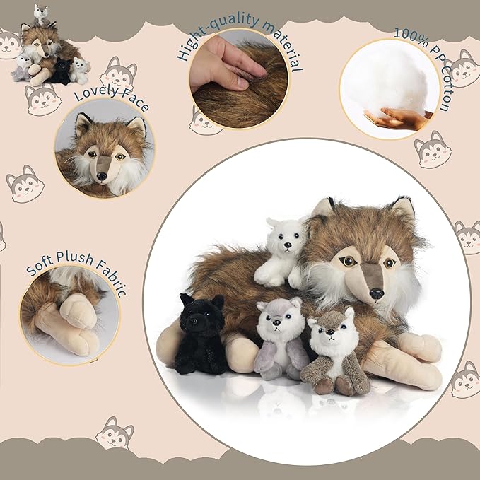 5 Pcs Wolf Stuffed Animal Plush Set 16 Inch Mommy Stuffed Wolf Plush with 4 Baby Wolves in Zipper Pouch, Soft Wolf Plushies for Kids Boys Girls Birthday Party Decoration