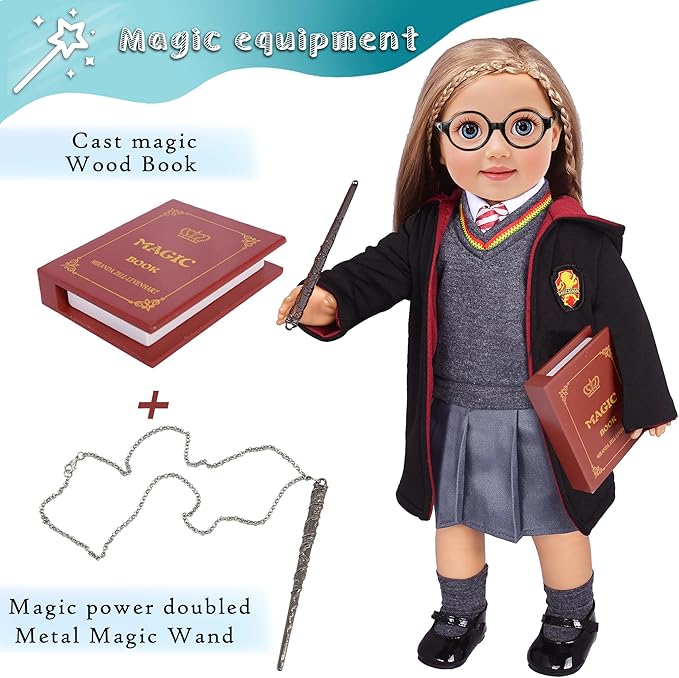 Magic School Uniform Inspired Halloween Costume Doll Clothes Clothing Outfits Accessories Set 10 Pcs for 18 inch Girl Dolls