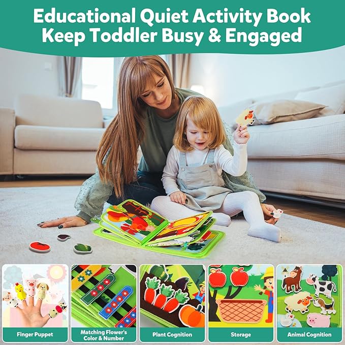 Busy Book for Toddlers 1-3 - Montessori Toys Busy Board for 1 Year Old Boy Girl Toys Educational Quiet Activity Books Learning Board Todder Airplane Travel Toy Birthday Gift - Farm Animals